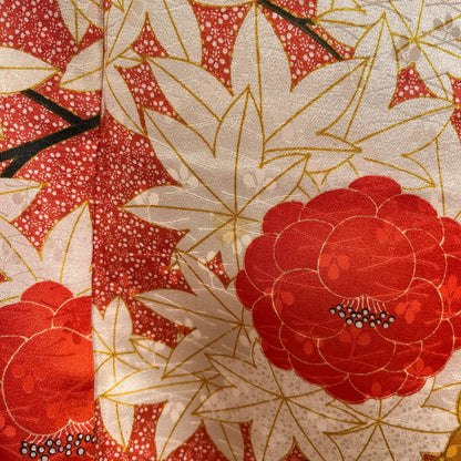 K153249　小紋　紅葉牡丹　花柄　赤系
