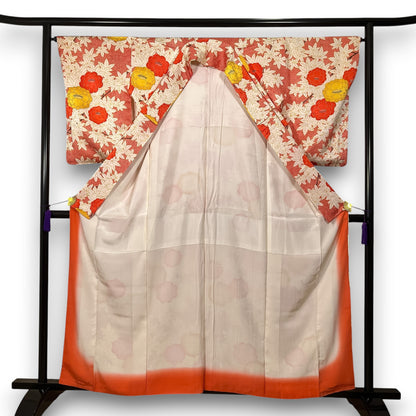 K153249　小紋　紅葉牡丹　花柄　赤系