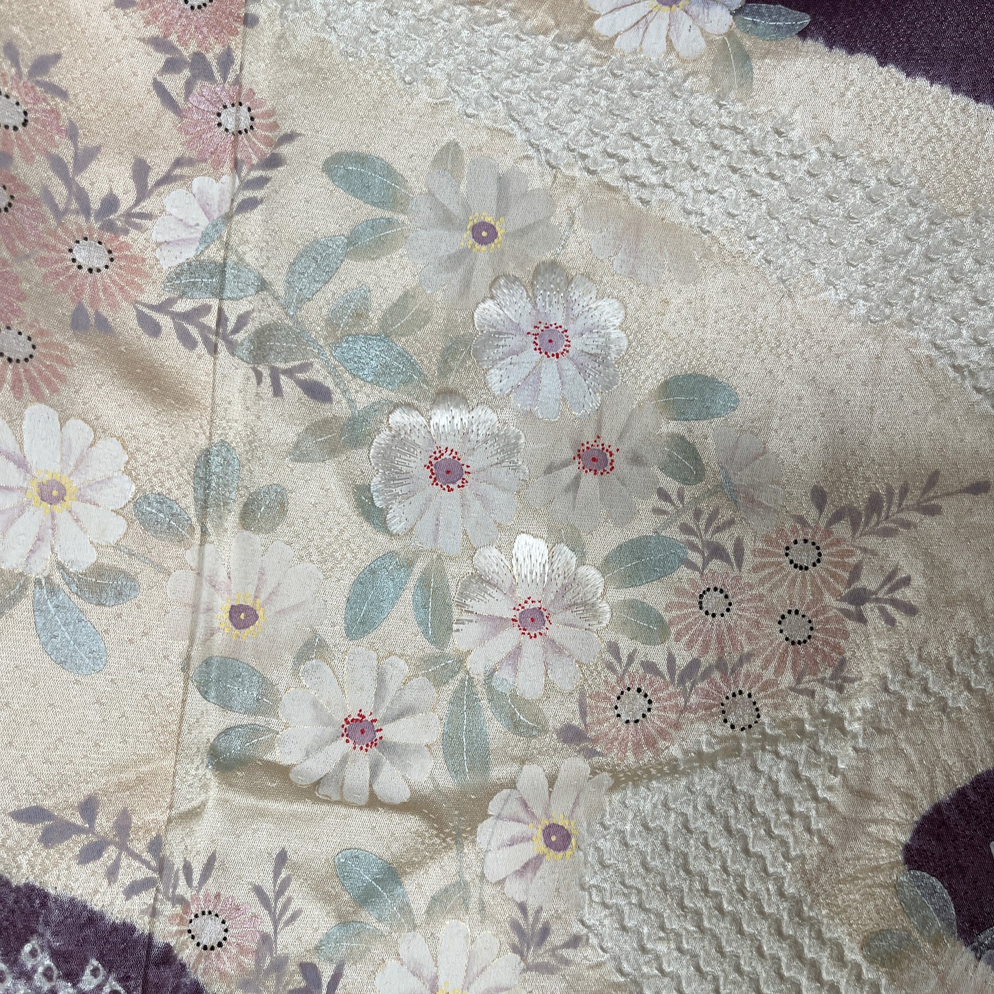 2977-4　付下げ　葡萄色　刺繍　絞り　流水花文様