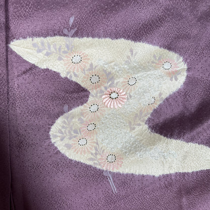 2977-4　付下げ　葡萄色　刺繍　絞り　流水花文様