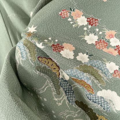 460　付下げ　浜辺文様　松波草花文様　青緑地