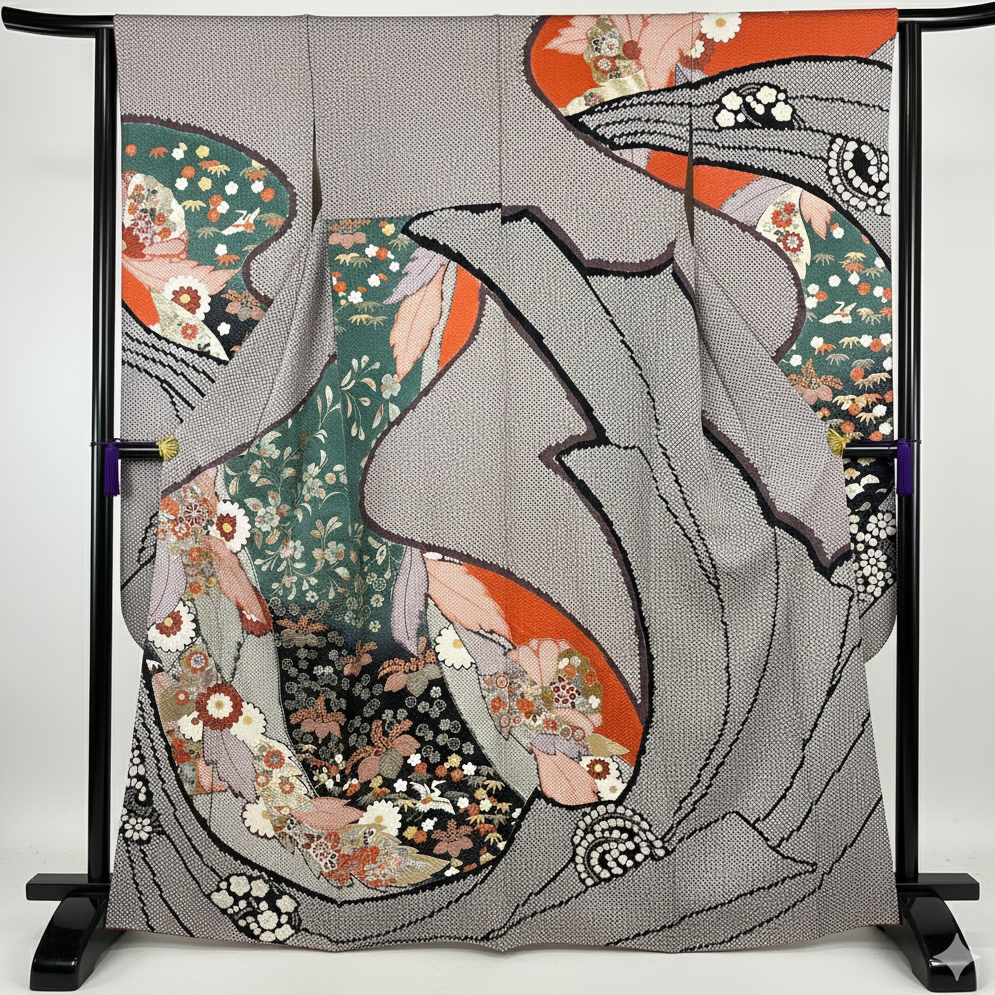 K110756　振袖　絞り　吉祥花文様　黒
