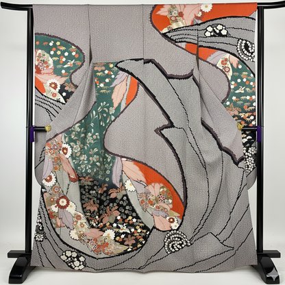 K110756　振袖　絞り　吉祥花文様　黒